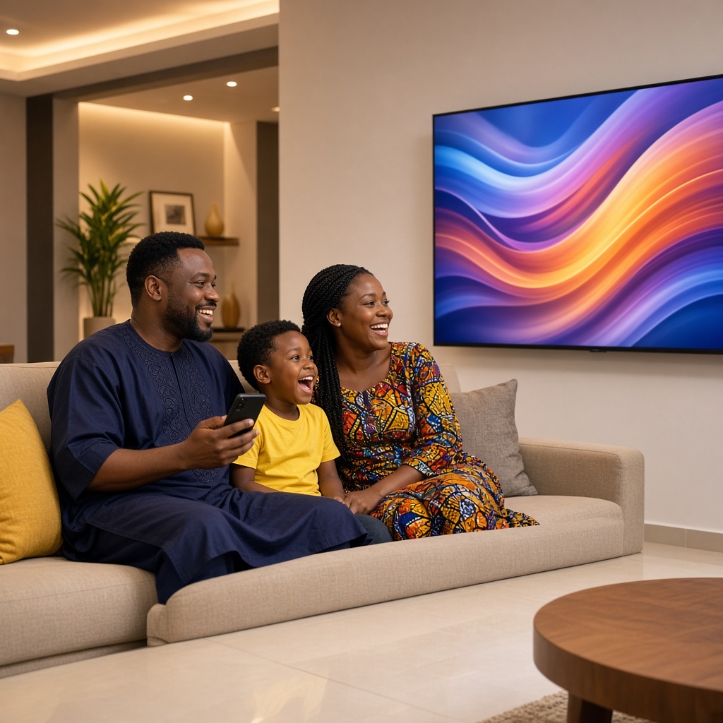 Nigerian family cheering in front of the TV after paying a bill by phone